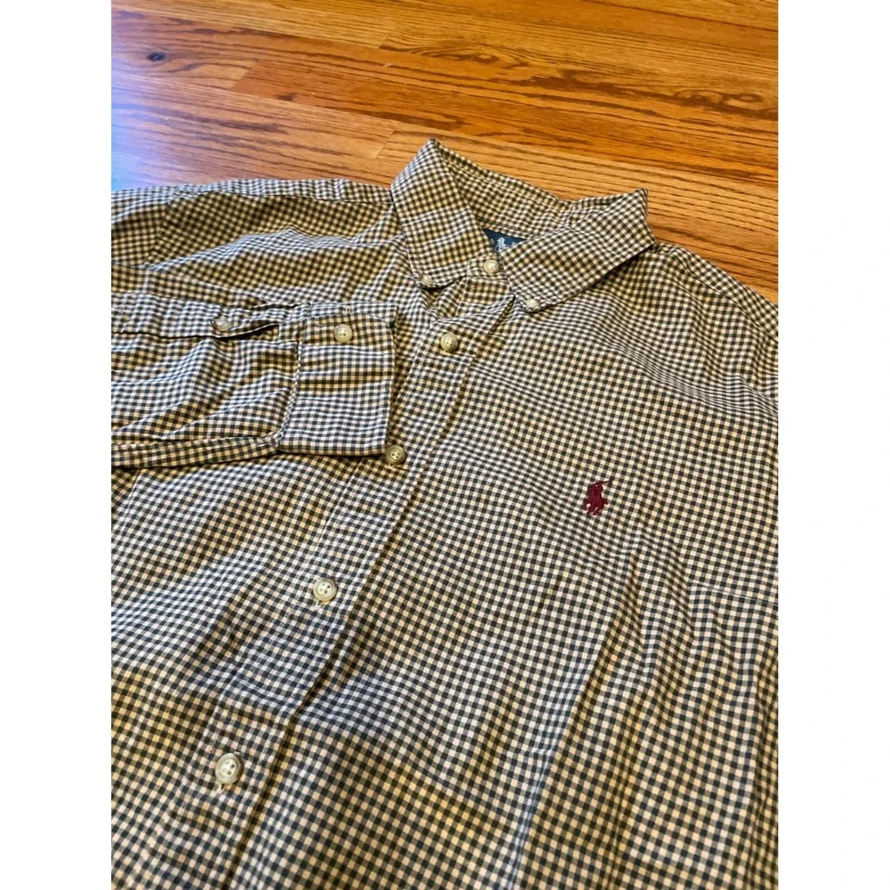 Ralph Lauren Mens Button Down Shirt XL 24 PTP Green Tan Gingham Classic Fit Logo - Picture 1 of 9